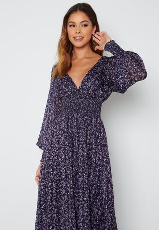 Ditsy Long Sleeve Shirred Midi Dress