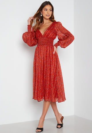 Ditsy Long Sleeve Shirred Midi Dress