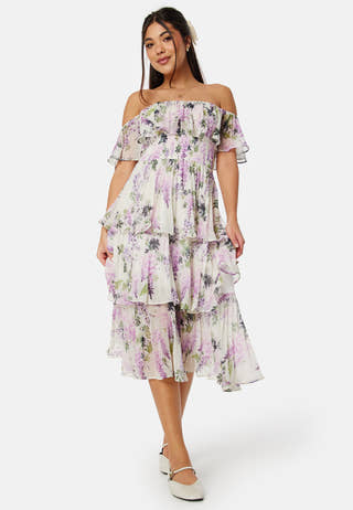 Floral Bardot Pleated Midi Dress