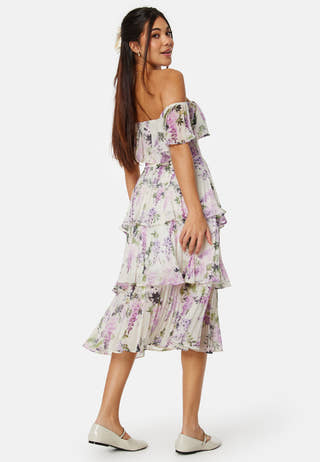 Floral Bardot Pleated Midi Dress