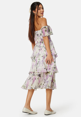 Floral Bardot Pleated Midi Dress