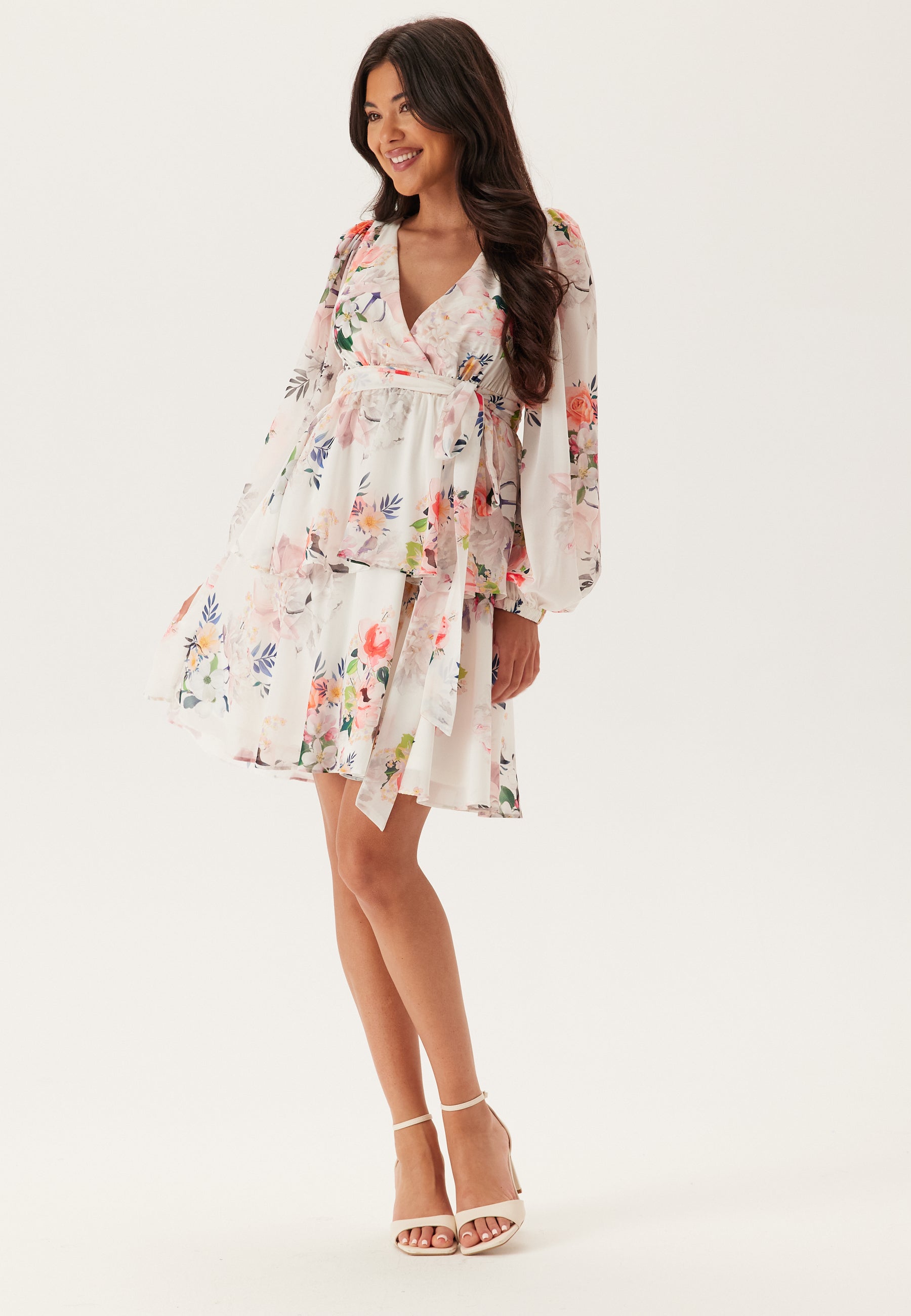 skater dress long sleeve Goddiva – Floral Long Sleeve Tiered Skater Dress – Dresses – Floral / White / Multi