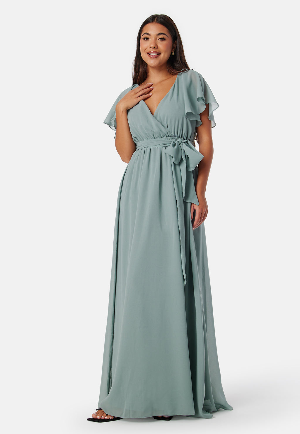 Goddiva Flutter Chiffon Maxi Dress (Light Green)