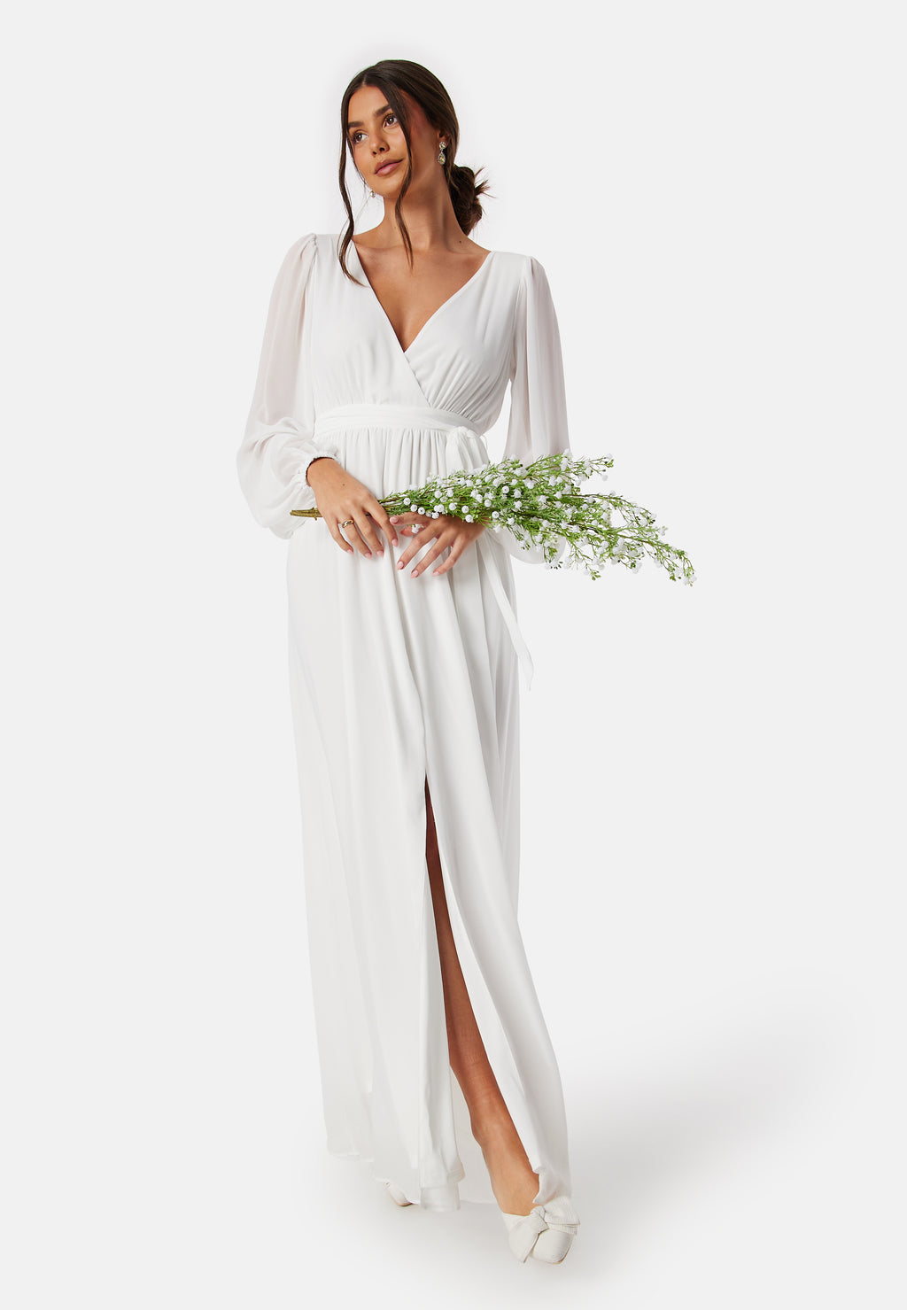 Goddiva Long Sleeve Chiffon Maxi Dress (White)