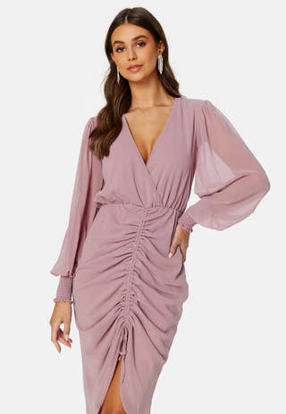 Long Sleeve Chiffon Rouched Midi Dress
