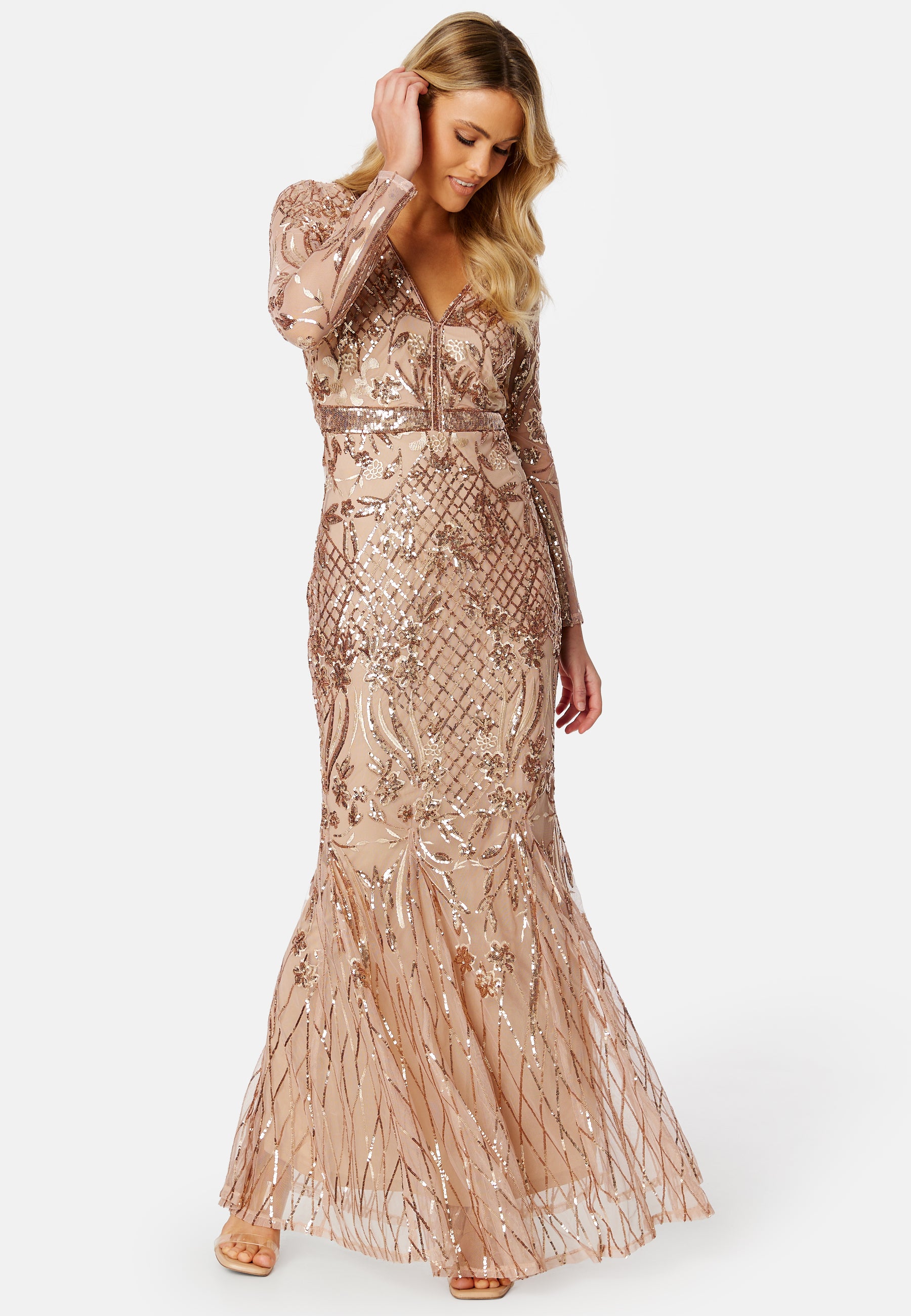 Goddiva Long Sleeve Sequin Maxi Dress Ball gowns Beige Goddiva Long Sleeve Sequin Maxi Dress Ball gowns Beige