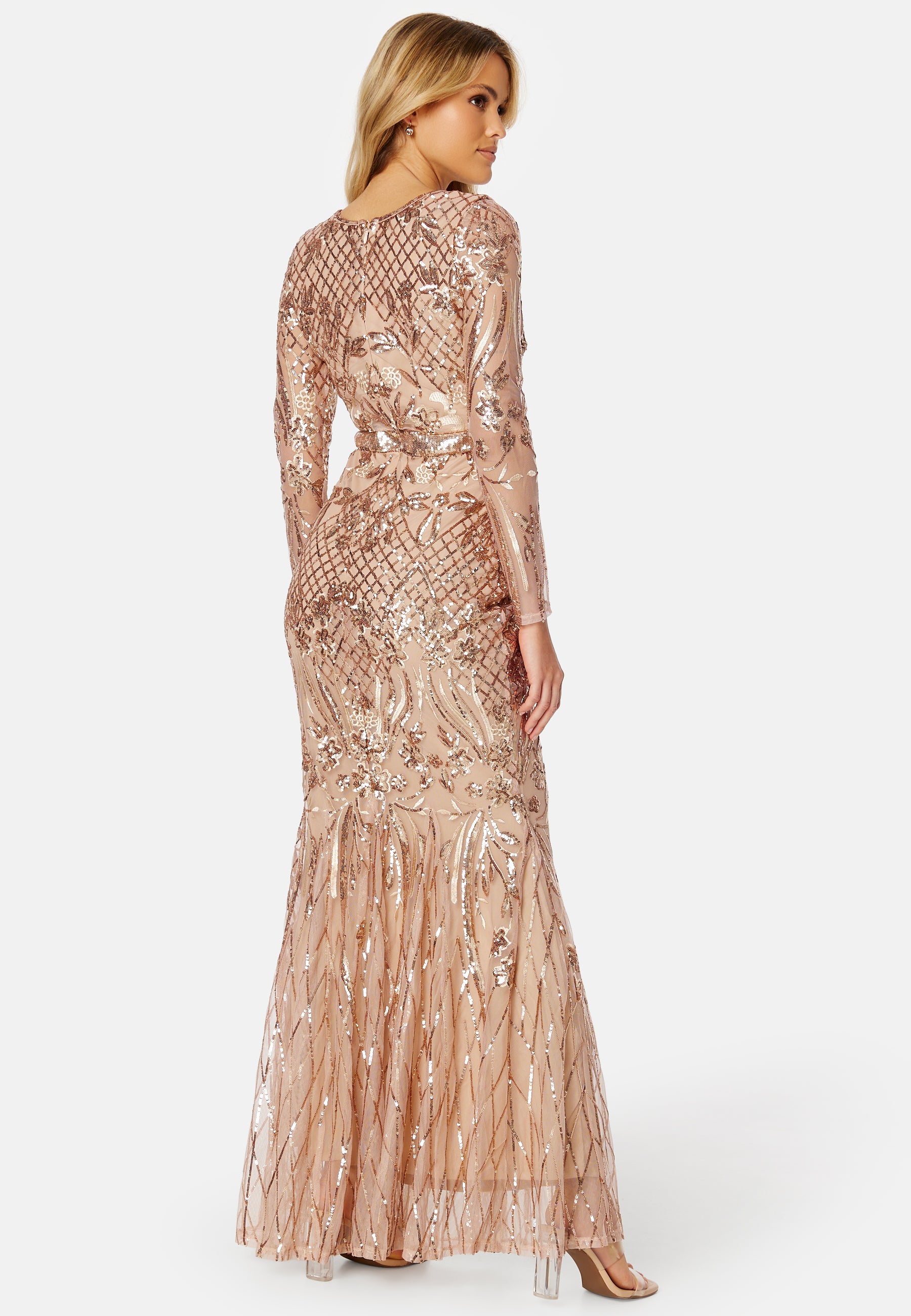 Goddiva  Long Sleeve Sequin Maxi Dress  Ball gowns  Beige
