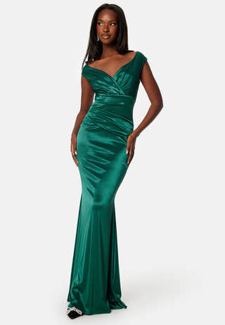 Satin Bardot Pleat Maxi Dress