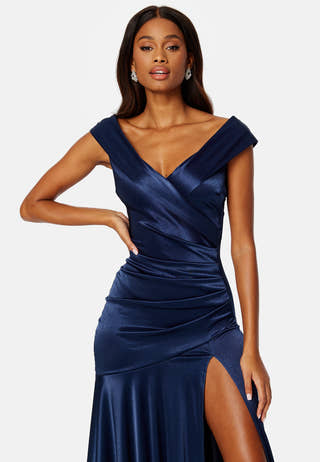 Satin Bardot Pleat Maxi With Split