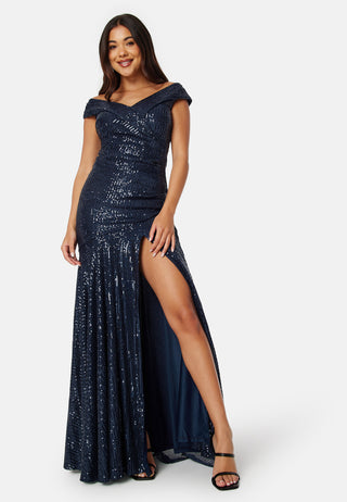 Sequin Bardot Pleat Maxi With Split