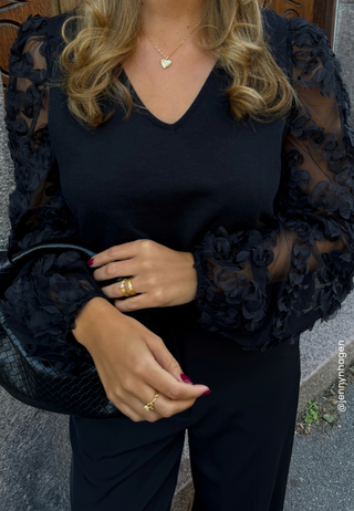 3D Floral Sleeve V-neck Top