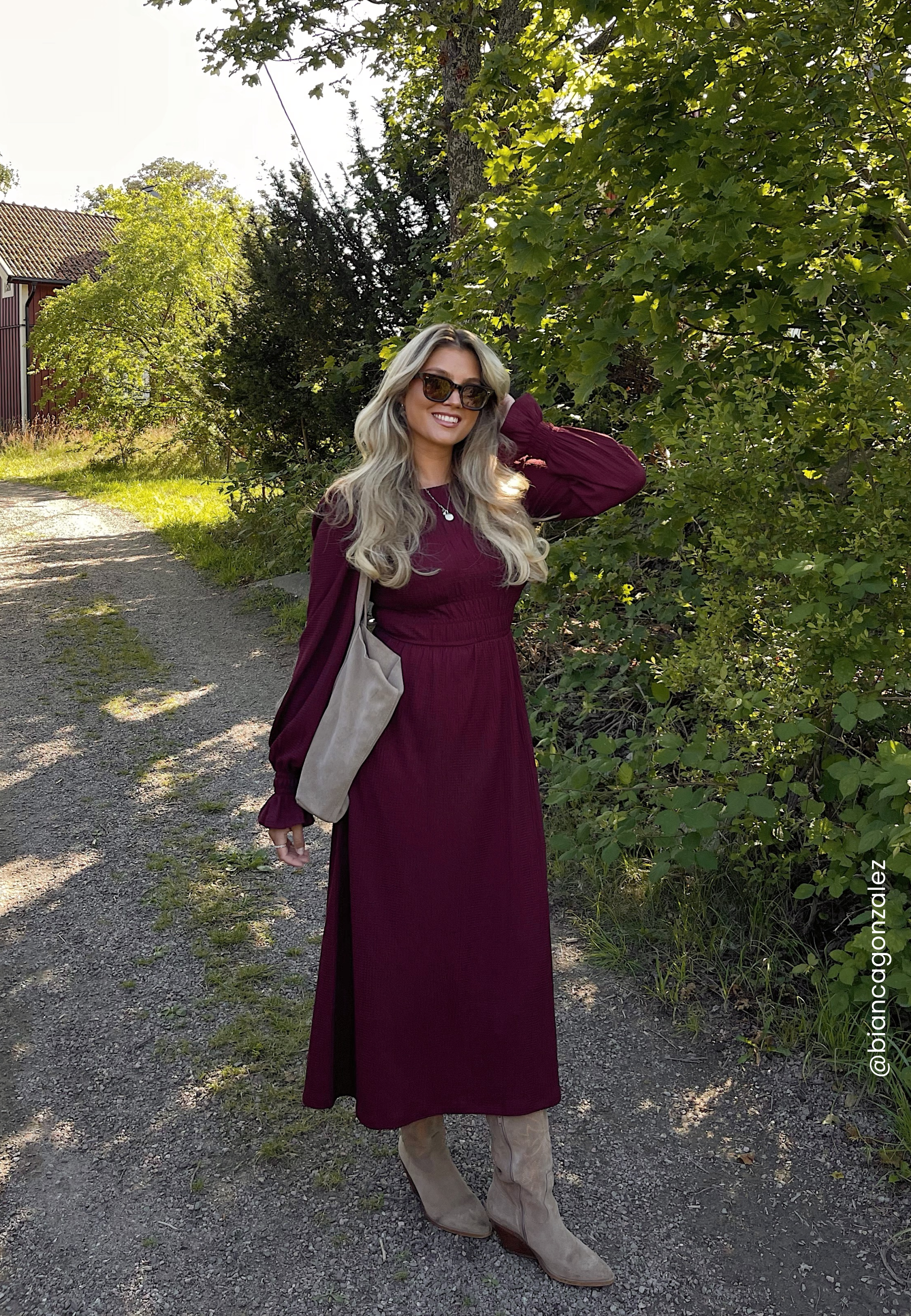 red long sleeve smock dress Malinda Ls Smocked Midi Dress- Red Damson Madder