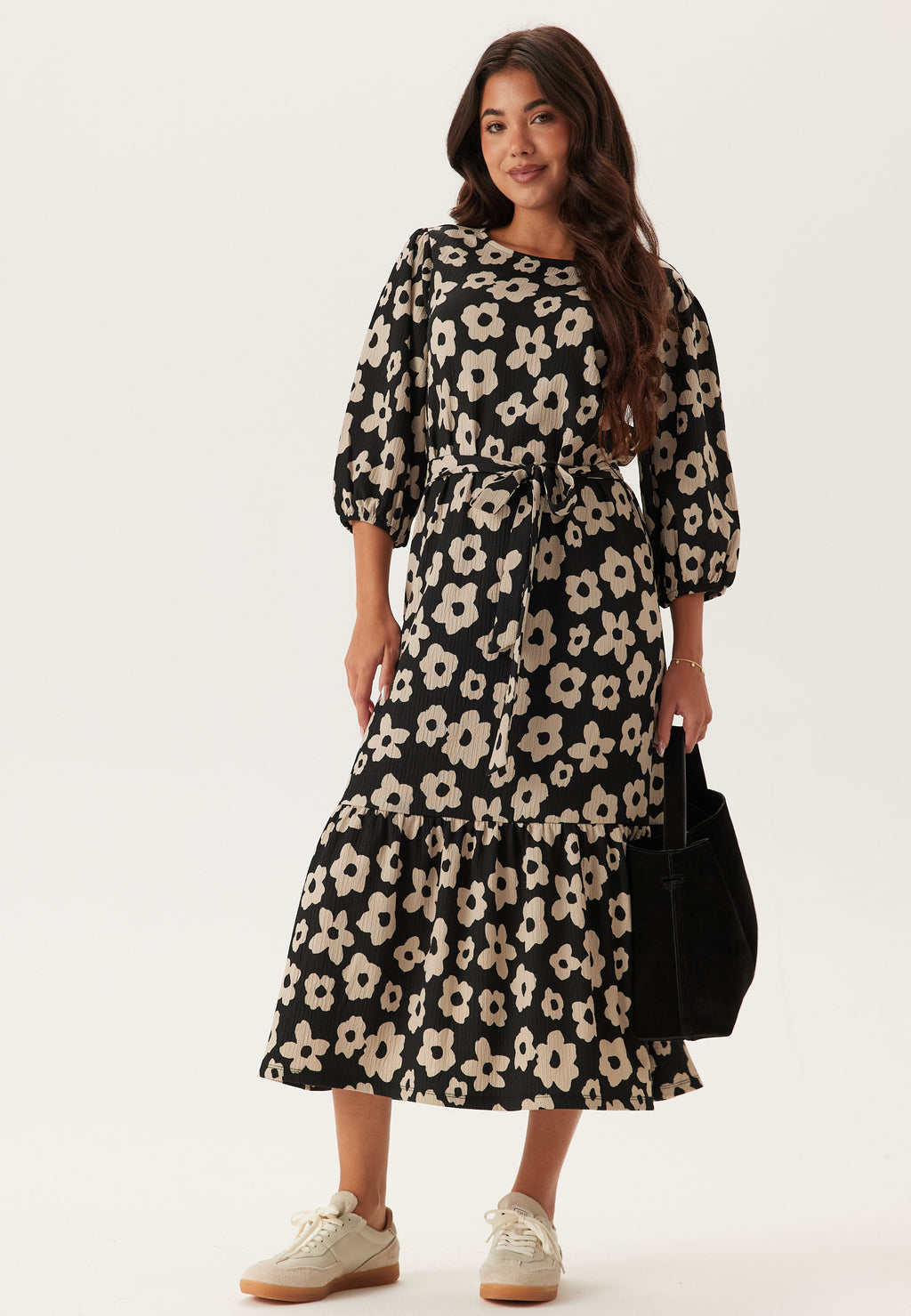 Happy Holly - Structure Flounce Midi Dress Black/Patterned