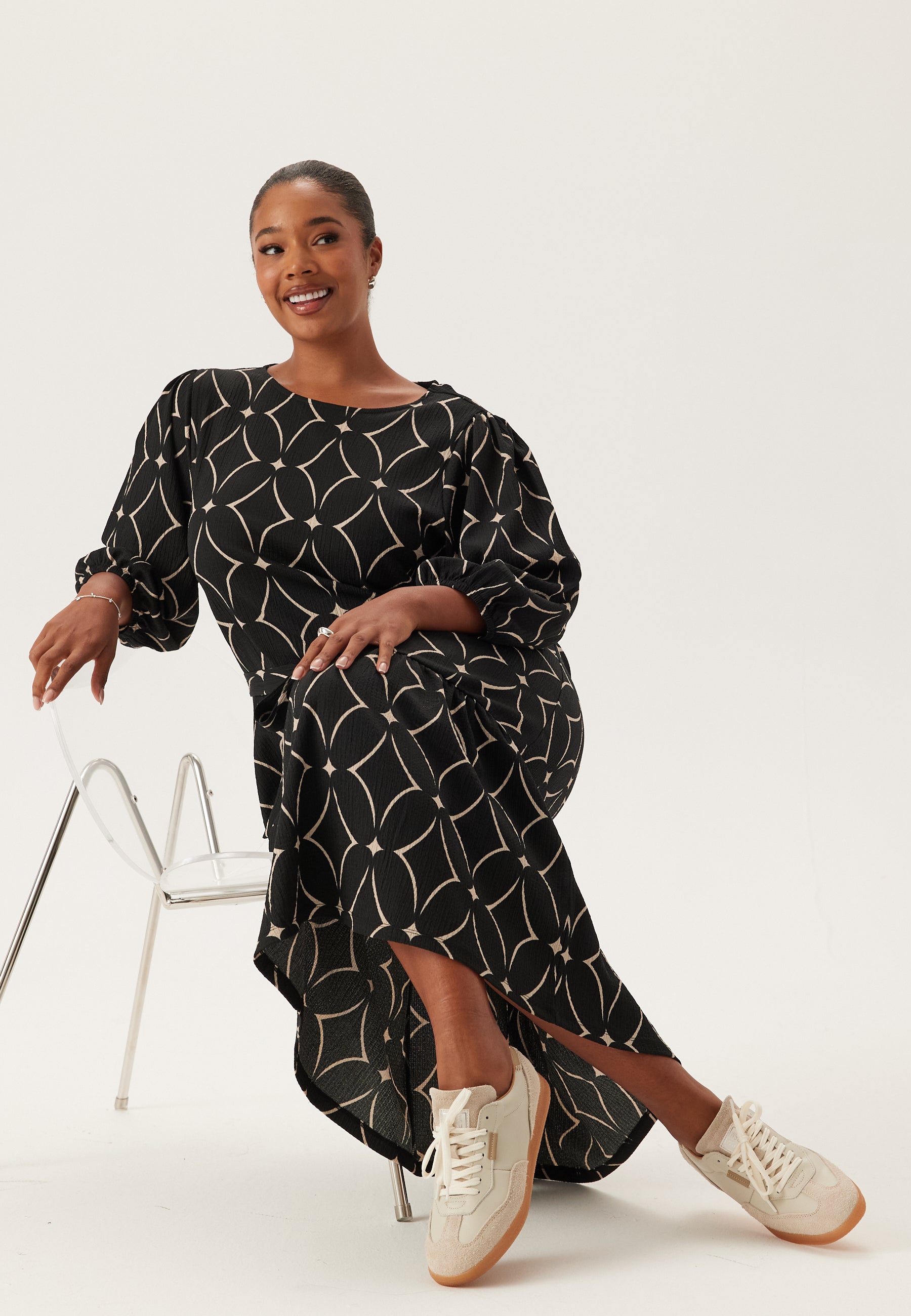 Happy holly – Structure Flounce Midi Dress – + SIZES – Black / White / Beige / Multi Happy holly – Structure Flounce Midi Dress – + SIZES – Black / White / Beige / Multi