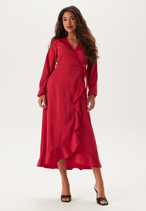 Wrap L/S Satin Maxi Dress