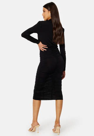 Deep V Rouched Midi Dress