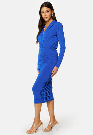 Deep V Rouched Midi Dress