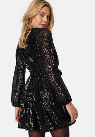 Sequin Deep V Ruffle Skater Dress