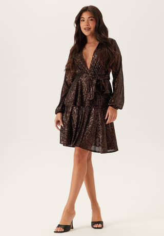Sequin Deep V Ruffle Skater Dress