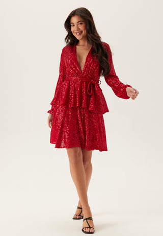 Sequin Deep V Ruffle Skater Dress