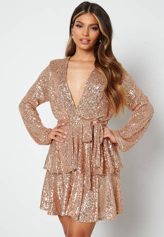 Sequin Deep V Ruffle Skater Dress