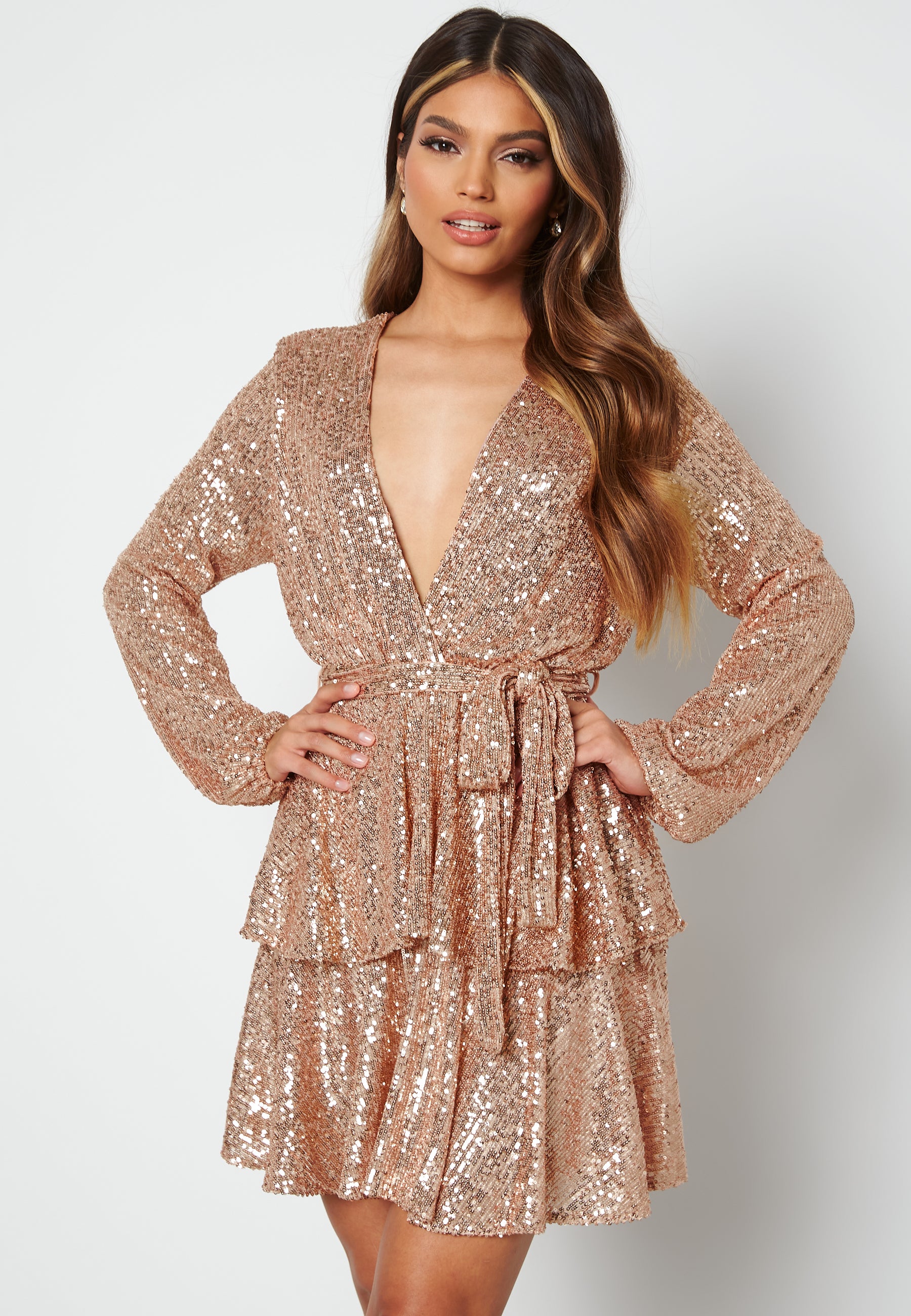 john zack sequin wrap dress John zack Sequin Deep V Ruffle Skater Dress campaign-outlet Gold