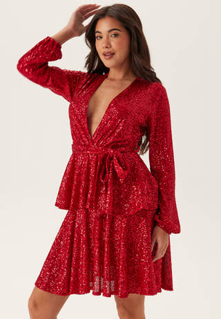 Sequin Deep V Ruffle Skater Dress