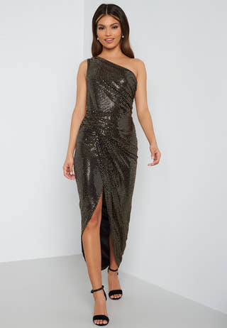 Sequin One Shoulder Sleeve Rouch Dress