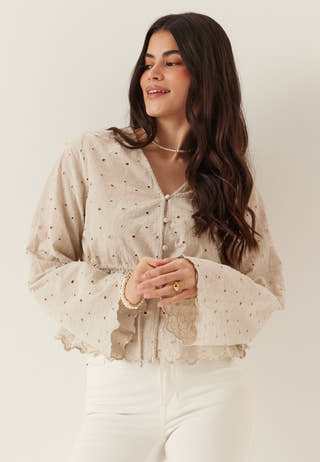 Pcarmorine Ls Embroderi Top